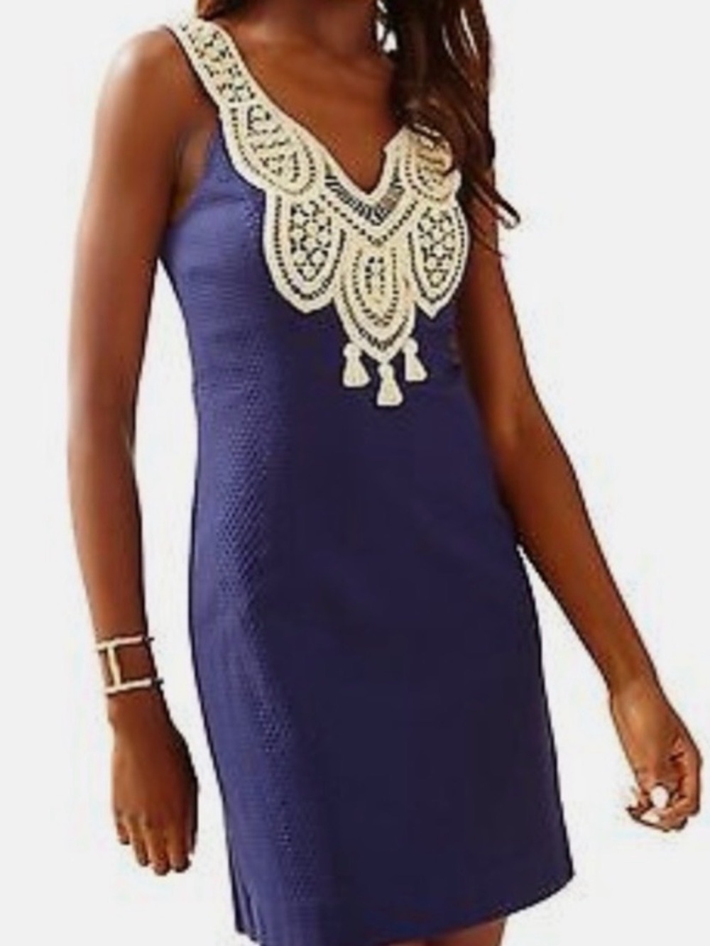 Lilly Pulitzer Navy Mini Dress with Gold/Cream Embellishment Bib 00